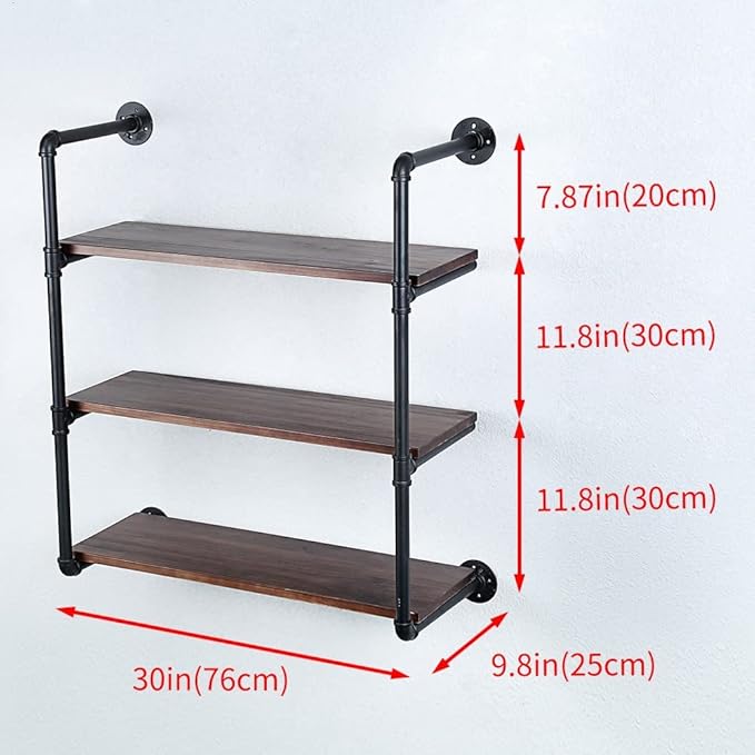 Industrial Pipe Shelving Wall Mounted,30in Rustic Metal Floating Shelves,Steampunk Real Wood Book Shelves,Wall Shelf Unit Bookshelf Hanging Wall Shelves,Farmhouse Kitchen Bar Shelving(3 Tier)