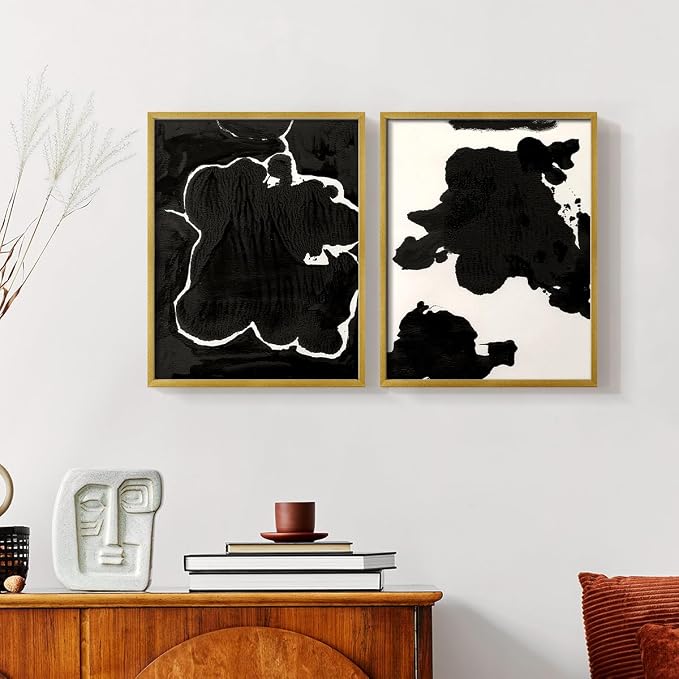 Renditions Gallery Set of 2 Peel & Stick Framed Prints, Fluid Abstract Wall Art, Black and White Inkblot Wall Decor, Re-Stickable - Ready to Hang - 11"x14" - GOLD Frame LT588