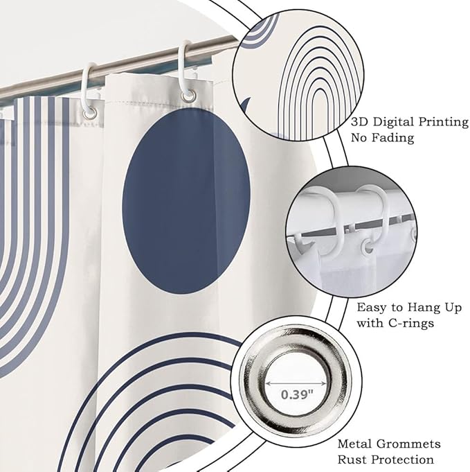Boho Shower Curtain for Bathroom Modern Minimalist Neutral Bathroom Decor Set Blue Stripes Abstract Sun Moon Chic Aesthetic Bathtub Curtains Washable Waterproof Polyester Fabric with Hooks 72x84 Inch