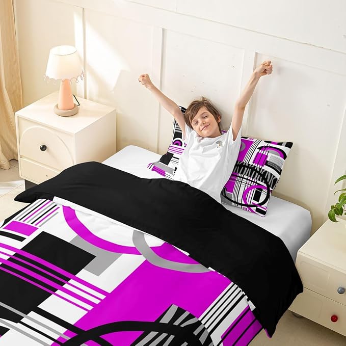 Art Deco Mid Century Duvet Cover Set Retro Modern Abstract Geometric Twin Bedding Sets for Girls Kids Teens Child Black and White Purple Circles Stripes Comforter Cover Contemporary Bed Set