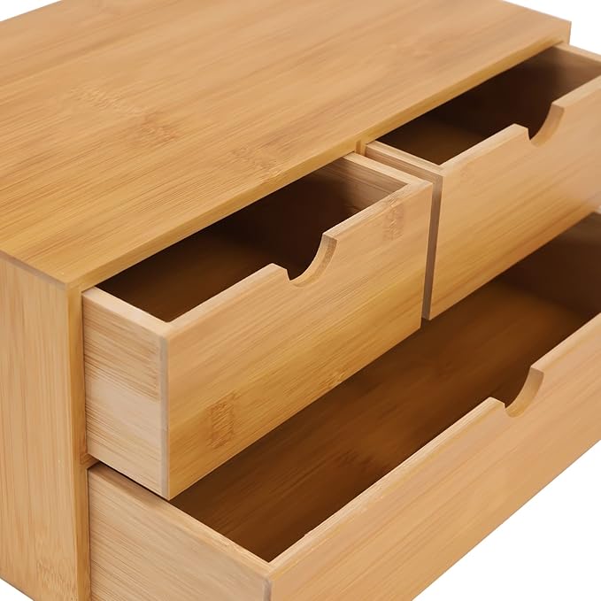 Bamboo Desk Organizer Small Retro Bamboo Tabletop Storage Box with Drawers& Recess Handles for Office Home Supplies Table Storage Collector 13 * 7.5 * 6in (3 Drawers/2 Top&1 Bottom)
