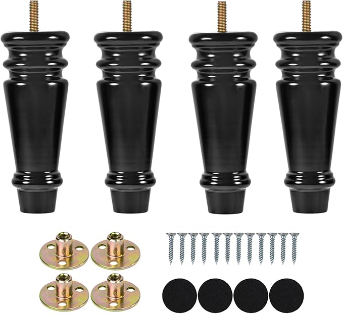 Maricome Furniture Legs 6 inch Set of 4 Pre-drilled M8 Bolt Wooden Replacement Bun Feet for Ottoman Chair Cabinet Dresser Black Screw in