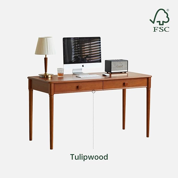 Solid Wood Computer Desk, Mid-Century Modern Home Office Desk with Drawers for Study, Working, Home Office 55" W