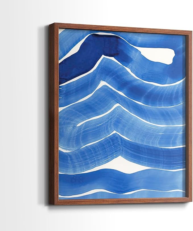 Renditions Gallery Set of 2 Peel & Stick Framed Prints, Watercolor Abstract Wall Art, Bold Brushstrokes in Shades of Blue Wall Decor, Re-Stickable - Ready to Hang - 16"x20" - Walnut Frame LT588