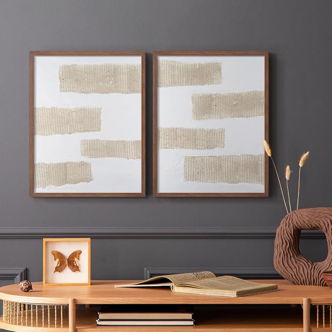 Renditions Gallery Set of 2 Peel & Stick Framed Prints, Modern Abstract Wall Art, Textured Brush Strokes Wall Decor, Re-Stickable - Ready to Hang - 8"x10" - Walnut Frame LT588