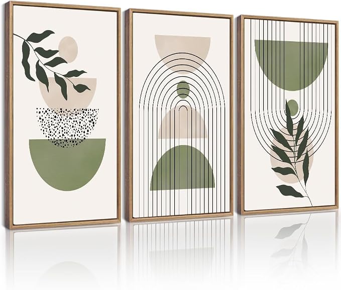 Drsoum Green Botanical Boho Wall Art Framed Modern Sage Bohemian Plant Wall Decor Abstract Geometry Lines Prints Ready to Hang 16x24in Natural Framed