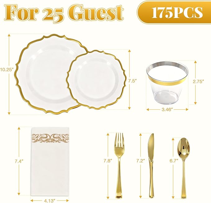 175 Plastic Dinnerware Set Gold Disposable Dinnerware Set for 25 Guests Include 50 Plastic Plates 25 Silverware Set 25 Cups and 25 Napkins for NewYear Party Wedding Birthday