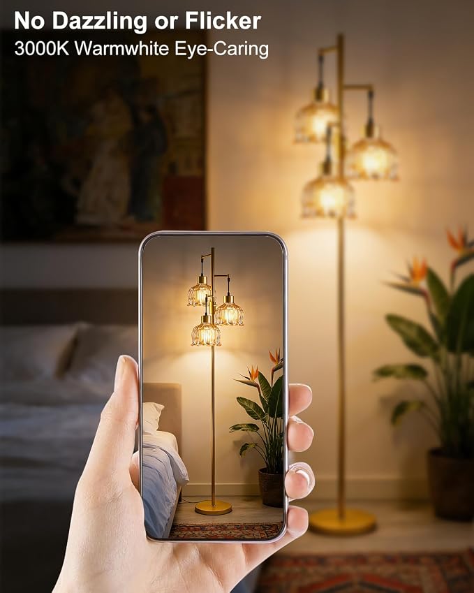 3-Light Modern Glass Floor Lamp, Gold Standing Tall Lamp with Amber Vertical Rib Glass Shade for Reading, Dimmable LED Floor Lamp with 5Lbs Heavy Base for Living Room Bedroom Home Decor, Bulb Included
