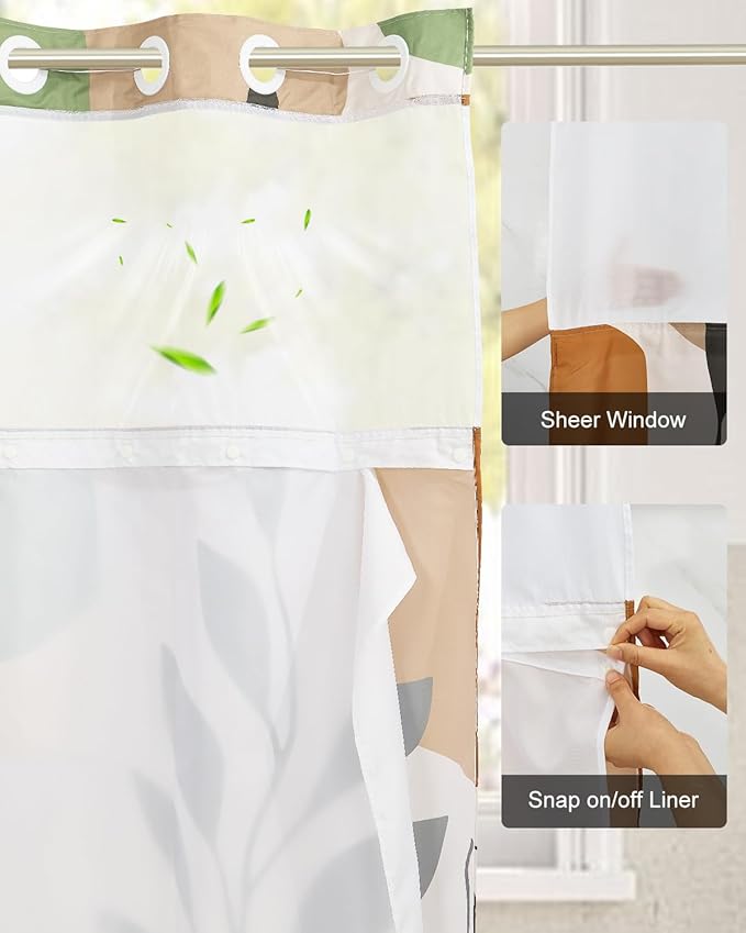 No Hook Shower Curtain and Snap in Liner Set - Modern Abstract Botanical Geometric Pattern Shower Curtains for Boho Mid-Century Bathroom, Waterproof Bath Tub Curtain with Mesh Top, 71Wx74H