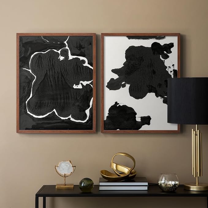 Renditions Gallery Set of 2 Peel & Stick Framed Prints, Fluid Abstract Wall Art, Black and White Inkblot Wall Decor, Re-Stickable - Ready to Hang - 22"x28" - Walnut Frame LT588