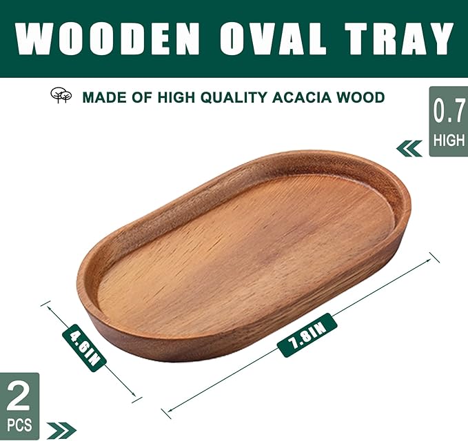 Mini Serving Trays for Parties, Small Decorative Tray for Tea＆Coffee, Oval Wooden Plates for Serving Food for Appetizer＆Vegetables for Bathroom 7.8"×4.6" (Acacia, Set of 2)