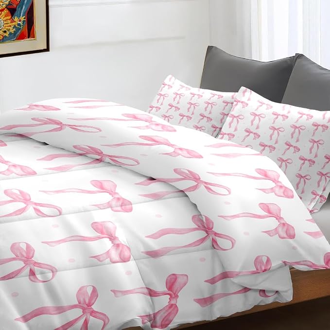 Comforter Set with Pillowcase Twin Size, Cute Coquette Pink Bow Bowknot, Bed Decor Sweet Themed Elegant Girly Baby for Kids and Adults, Soft Cozy Bedroom Bedding Set