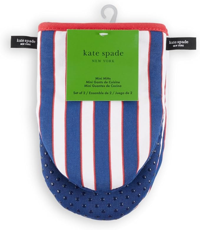 Kate Spade New York Botanical Stripe Mini Oven Mitt 2-Pack Set, 5.5" x 8", Navy Blue/Red