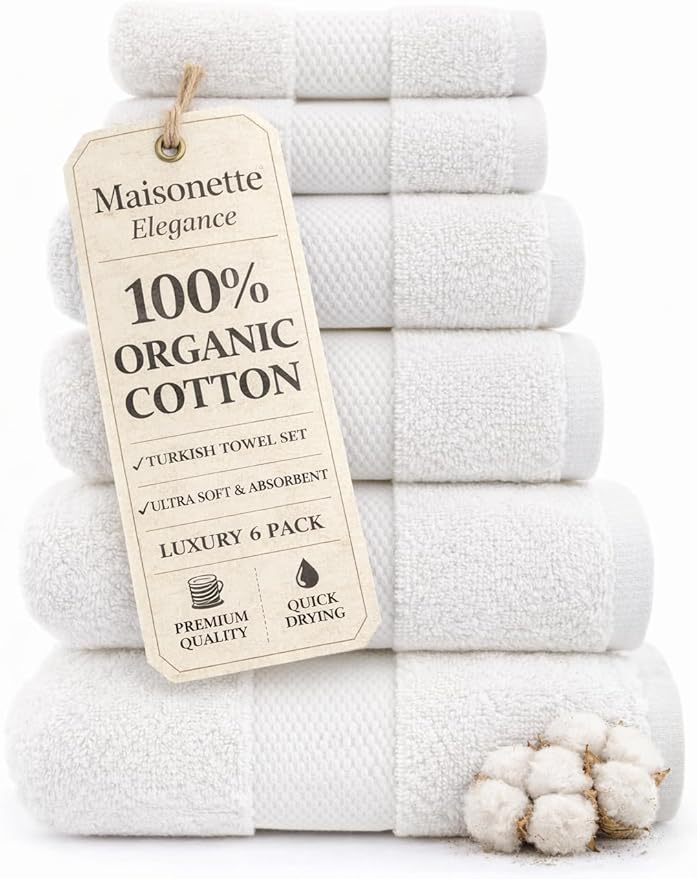 Maisonette Elegance 100% Organic Cotton Turkish Bathroom Towels Set, Ideal Quick Dry Luxury Washcloths, Hand & Large Luxury Bath Towels for Shower (6 Pack), White