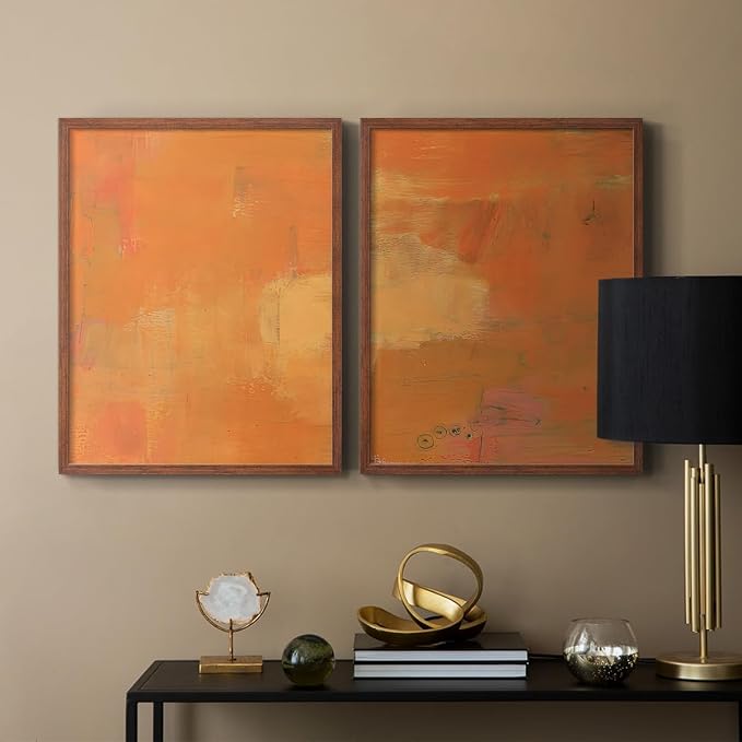 Renditions Gallery Set of 2 Peel & Stick Framed Prints, Abstract Wall Art, Rustic Fain Marking with Brush Strokes Wall Decor, Re-Stickable - Ready to Hang - 22"x28" - Walnut Frame LT588