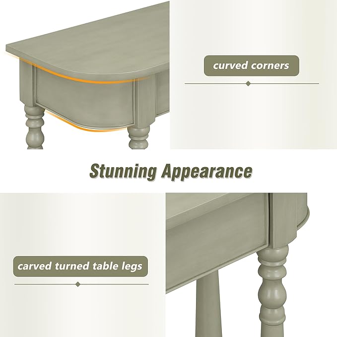Retro Curved Console Table, 36" Solid Wood Half Moon Console Table Sofa Table Entryway Table with 1 Drawer 1 Open Shelf Roman Legs Curved Corners for Living Room,Entryway,Hallway,Gray