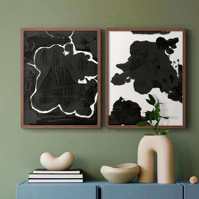 Renditions Gallery Set of 2 Peel & Stick Framed Prints, Fluid Abstract Wall Art, Black and White Inkblot Wall Decor, Re-Stickable - Ready to Hang - 8"x10" - Walnut Frame LT588