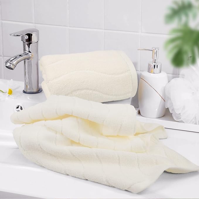 Pack of 2 Quick Dry Hand Towels (13x29 Inches, Beige) - 100% Cotton Face Towels for Bathroom Hotel Spa, Wavy Striped Jacquard