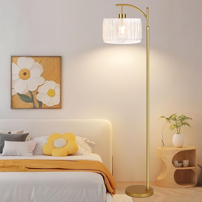 Glass Floor Lamp for Living Room,Bedroom,Gold Dimmable Standing Lamp with Remote,Brass White Tall Lamp Boho Mid Century Modern Floor Lamps Arc Floor Light Lamp Bohemian