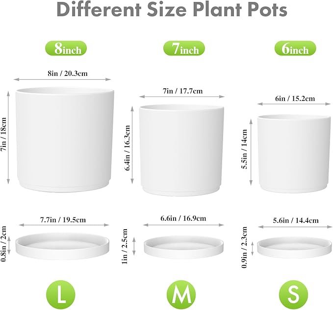 Meowell 8/7/6 inch Plant Pots, Set of 3 Cylinder Flower Pots for Outdoor Indoor Plants, Decorative Plastic Planters with Drainage Holes and Saucers for Garden House Plants, White