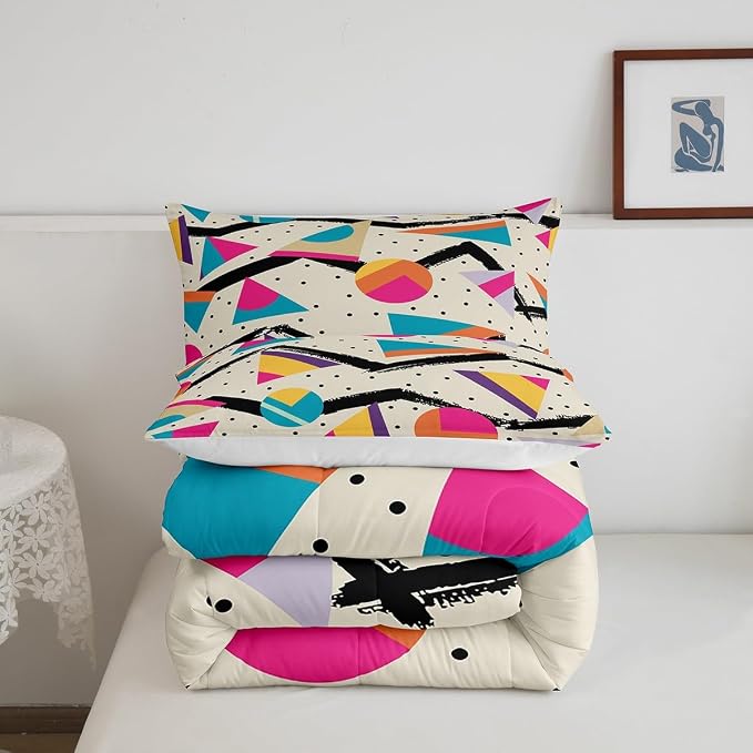 Manfei Memphis Comforter Set Twin Size, Retro 80s or 90s Fashion Style Bedding Set 2pcs for Kids Boys Girls, Geometric Triangle Circle Quilt Set Soft Polyester Duvet Set with 1 Pillowcase