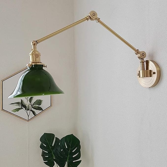 l Light Retro Style l nces Antique Brass Adjustable l Lamp Swing Arm l Light with Switch and Plug in Cord, Glass Shade E27 Reading Lamp for Indoor Bedside Bedroom ng Room (Color : W