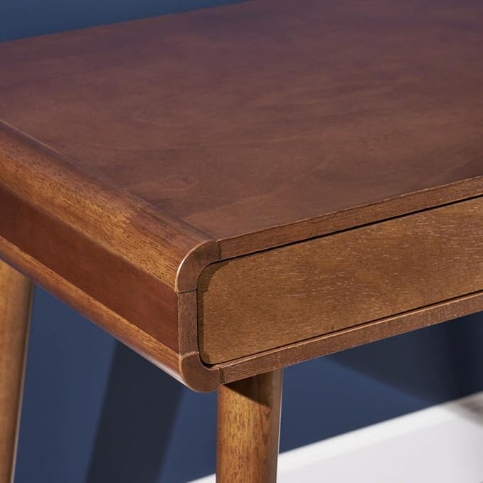 Hassyee Mid-Century Modern Style Writing Desk with Large Drawers, Computer Study Desk with Solid Rubberwood Legs for Home Office Workspace or Entryway (Brown)