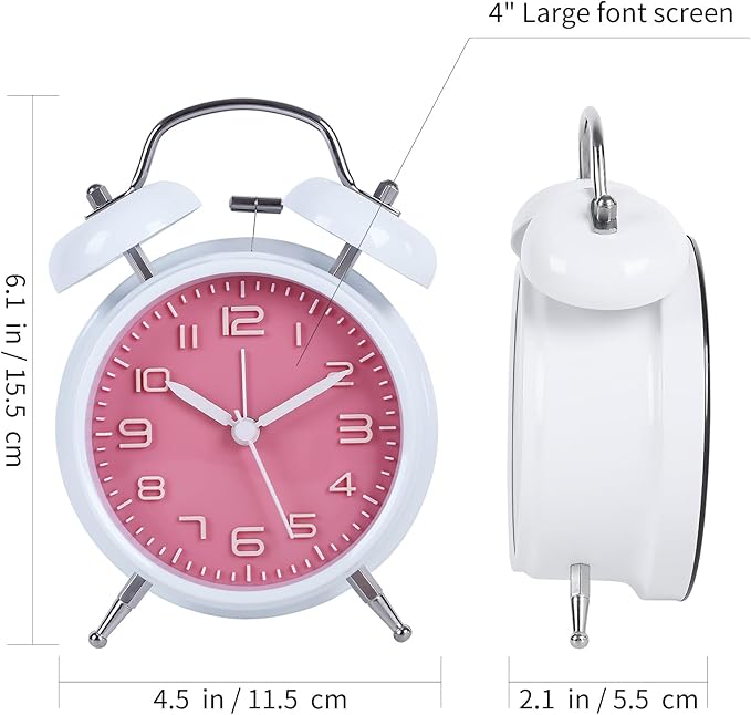 pxy Loud Alarm Clock for Heavy Sleepers 3D Dial Battery Operated (Battery Include), 4" Super Silent Analog Alarm Clock for Kids with Night Light PT260 Silver OrangePT505 White Pink