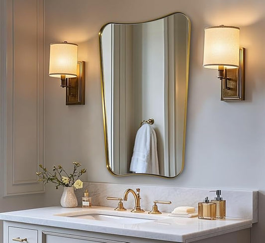 MIRRORTART Contemporary Brass Bathroom Mirrors, 24x36'' Asymmetrical Scalloped Butterfly Rectangle Gold Mirror in 1'' Stainless Steel Metal Frame for Home Decor Wall Mounted Vertical Only