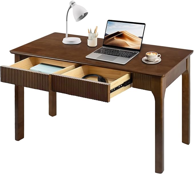 39.4'' Solid Wood Desk with 2 Drawers, Mid Century Modern Home Writing Office Small Wooden Desk ,Vintage Computer Table with Storage for Living Room, Bedroom, Fluted Design Walnut(Walnut, 39.4 Inch)