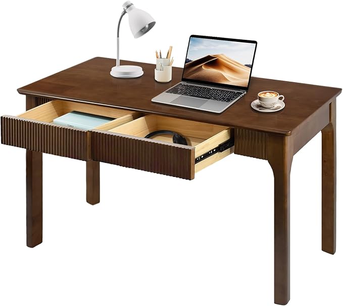 39.4'' Solid Wood Desk with 2 Drawers, Mid Century Modern Home Writing Office Small Wooden Desk ,Vintage Computer Table with Storage for Living Room, Bedroom, Fluted Design Walnut(Walnut, 39.4 Inch)