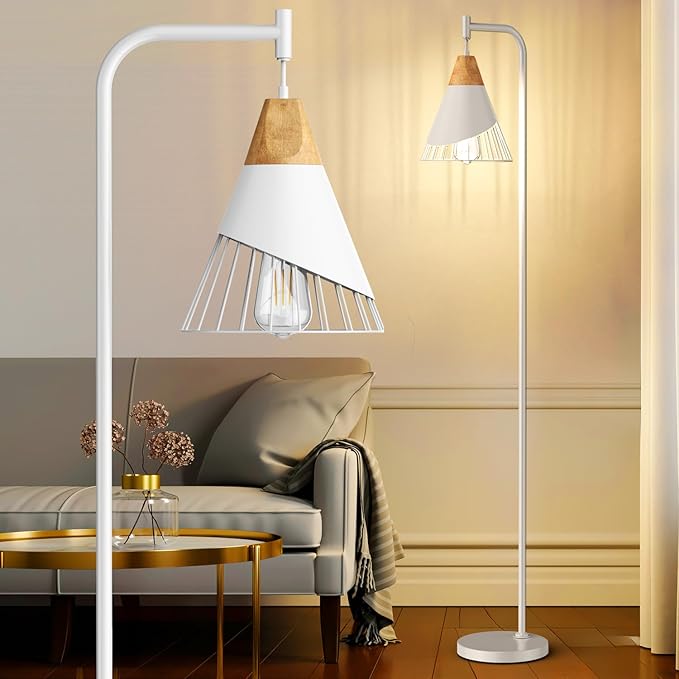 67" Industrial Floor Lamp with Wood & Black Metal Shade, Modern Standing Lamp, Rustic Farmhouse Tall Lamp for Living Room Bedroom Office, 2700K Bulb & Foot Switch Included (White)