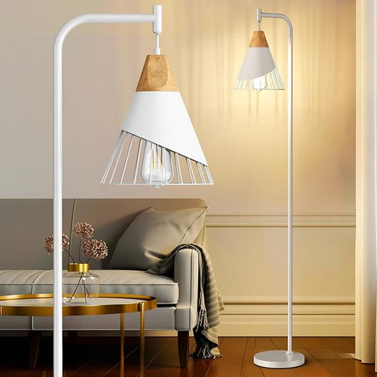 67" Industrial Floor Lamp with Wood & Black Metal Shade, Modern Standing Lamp, Rustic Farmhouse Tall Lamp for Living Room Bedroom Office, 2700K Bulb & Foot Switch Included (White)