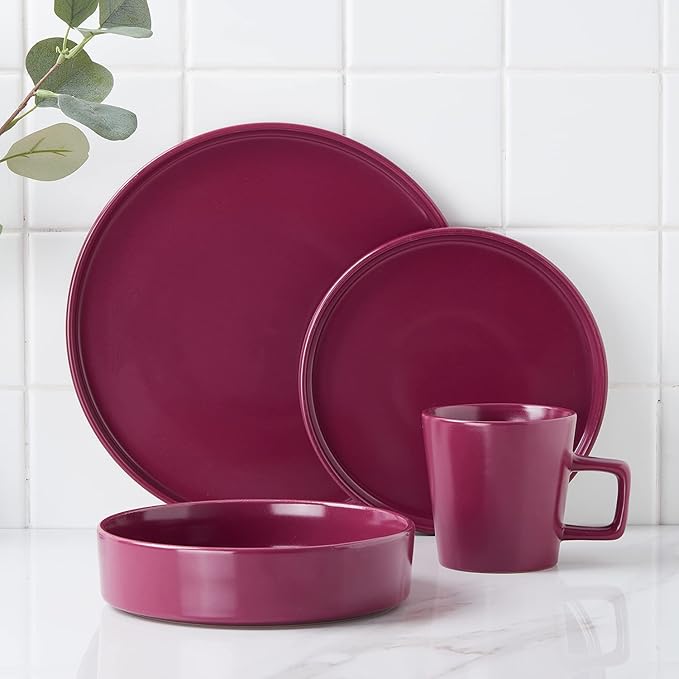 Stone Lain Cleo Stoneware 16-Piece Modern Dinnerware Set, Plates and Bowls, Magenta, Service for 4, Microwave & Dishwasher Safe