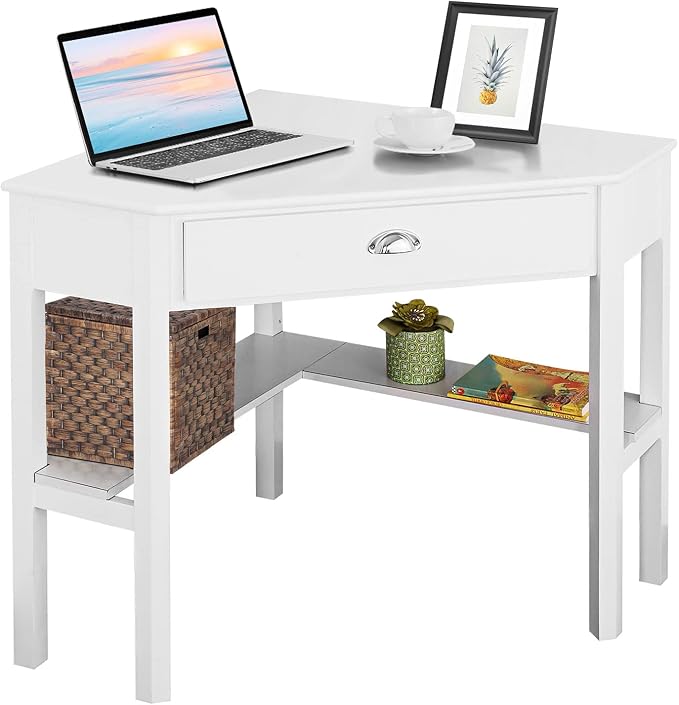 Nightcore Corner Desk for Small Space, Wood Corner Computer Desk, Compact Writing Table w/Drawer & Storage Shelves, Space Saving Study Workstation, Laptop PC Corner Table for Home Office