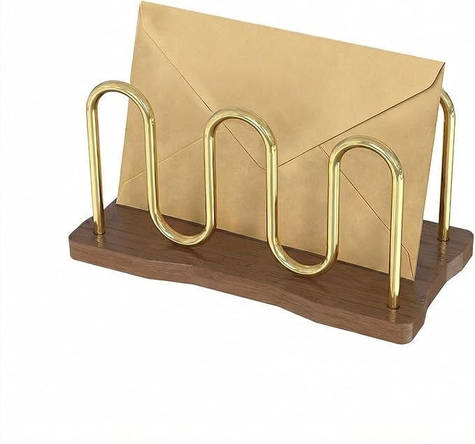Metal Mail Organizer for Desk, Letter Holder Countertop with Wood Base Envelope Storge Paper Sorter for Bills Invoices (Walnut)