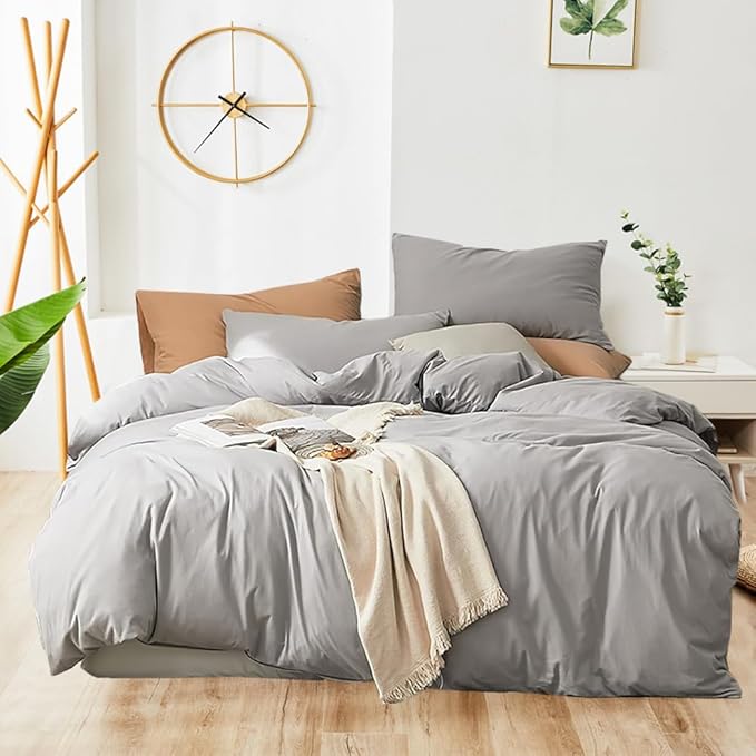 Pureant Silver Grey Comforter Set King Light Gray Bedding Comforter Sets Cotton for Women Men Solid Bright Grey King Comforter Soft Elegant Grey Comforter Sets Breathable All Grey Blanket