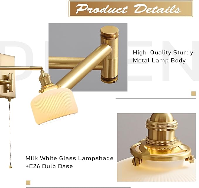 Gold Wall Sconces Set of 2 Modern Brass Swing Arm Wall Lamp with Pull Chain Milk GlassLight Fixture for Bedroom Living Room Hallway MWL14B-2