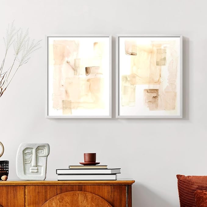 Renditions Gallery Set of 2 Peel & Stick Framed Prints, Abstract Wall Art, Mixed Handmade Oil Painting Wall Decor, Re-Stickable - Ready to Hang - 22"x28" - White Frame LT588
