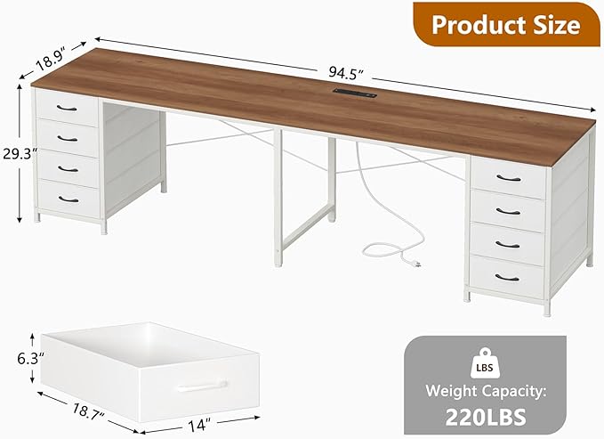 YOMILUVE 95'' Two Person Desk with 8 Drawers, Long Office Desk with Charging Station, 2 Person Desks Double Desk Writing Study Table for Home Office, Brown and White