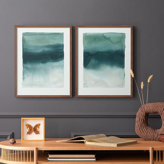 Renditions Gallery Set of 2 Peel & Stick Framed Prints, Tie Dye Abstract Wall Art, Sage Green Watercolor Horizon Wall Decor, Re-Stickable - Ready to Hang - 22"x28" - Walnut Frame LT588