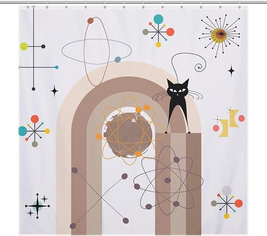 Atomic Cat Shower Curtain,Mid Century Modern Funny Black Cat Geometric Arched Abstract Modern Art Minimalist Boho Bathroom Curtain Polyester Waterproof Fabric Decor 72x72in（183x183cm）
