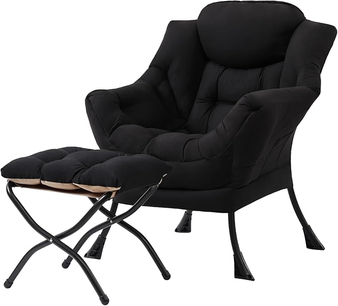 Tiita Lazy Chair with Ottoman, Black Modern Large Accent Chair, Comfy Leisure Sofa Armchair with Ottoman, Reading Chair with Footrest for Bedroom, Living Room, Dorm Rooms, Black