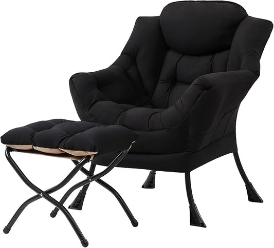 Tiita Lazy Chair with Ottoman, Black Modern Large Accent Chair, Comfy Leisure Sofa Armchair with Ottoman, Reading Chair with Footrest for Bedroom, Living Room, Dorm Rooms, Black