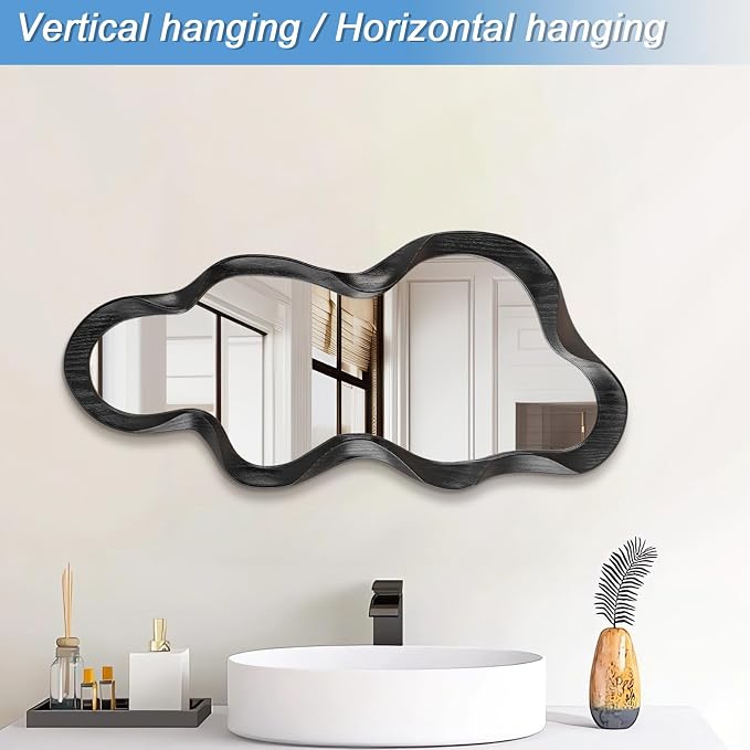 Asymmetrical Mirror Irregular Wall Mirror Modern Wood Frame Unique Mirrors Cute and Stylish Cloud Wavy Mirrors Decorative for Cloakroom Bedroom Living Room Bathroom Entryway 30"x14"