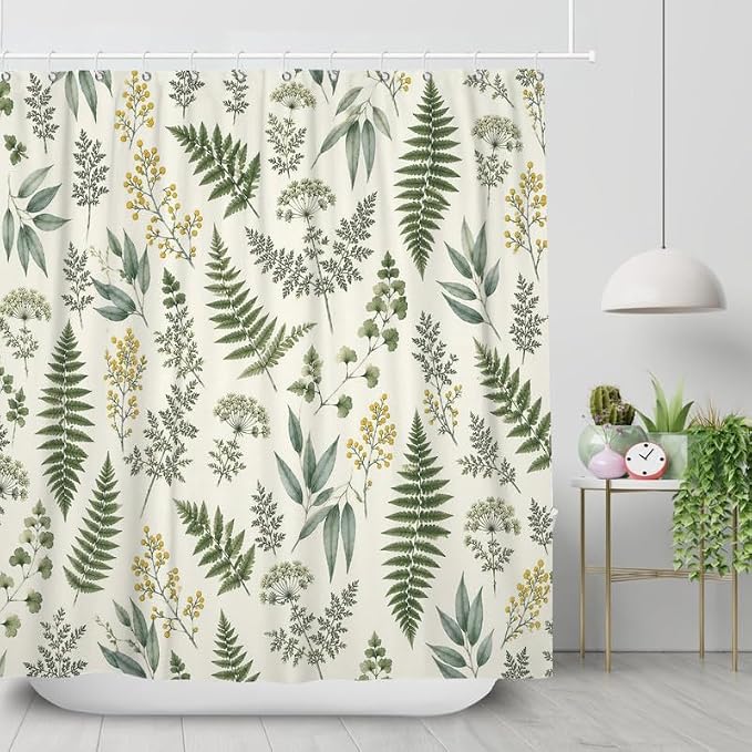Fern Leaf Vintage Sage Green Shower Curtain Eucalyptus Farmhouse Plant Leaves Rural Floral Botanical Art Natural Waterproof Curtain for Bathroom 69x70 in with 12 Hooks