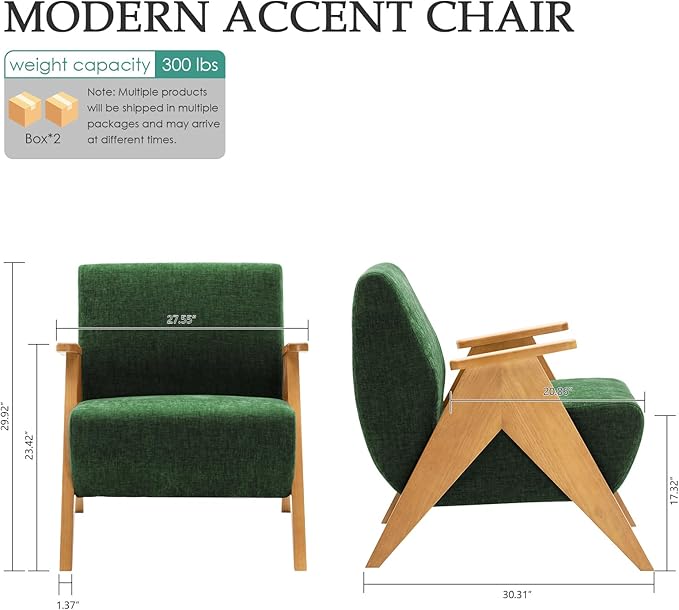 Home Accent Chair Mid Century Modern Accent Chair with Wood Frame, Lounge Upholstered Armchair, Reading Chair, Sturdy Base,For Living Room, Bedroom,Office,Comfy Guest Waiting Room Chairs,Green