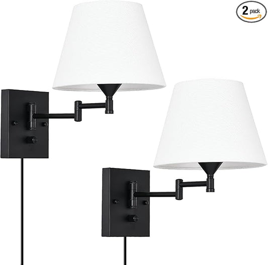 Pauwer Plug in Wall Sconce Set of 2 Swing Arm Wall Lamp with Plug in Cord and Fabric Shade Wall Light Fixtures for Hallway Bedroom Living Room (White Shade)