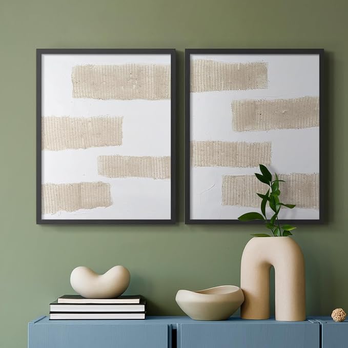 Renditions Gallery Set of 2 Peel & Stick Framed Prints, Modern Abstract Wall Art, Textured Brush Strokes Wall Decor, Re-Stickable - Ready to Hang - 8"x10" - Black Frame LT588