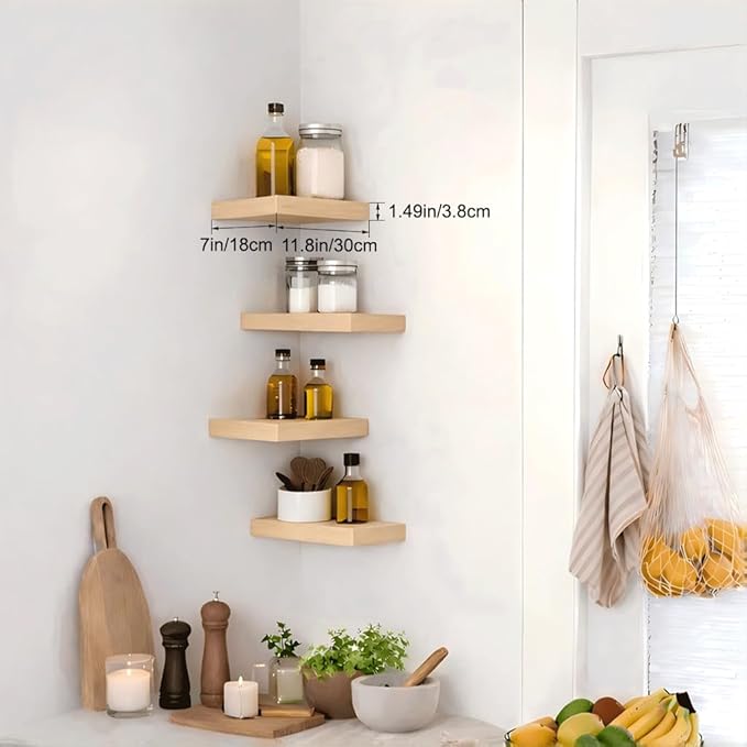 Bathroom Floating Shelves for Wall, Oak Small 11.8" Floating Shelf for Storage, Display and Warm Farmhouse Rustic Home Decor, Over Toilet Organization for Bedroom, Living Room, 4-Pack